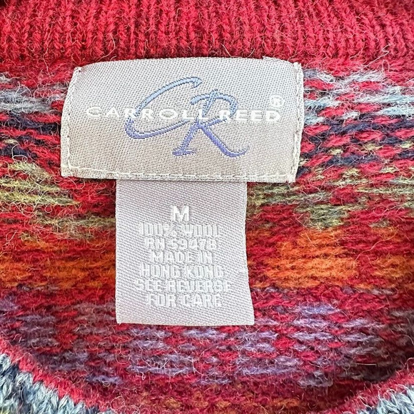 Vintage Carroll Reed Fair Isle Sweater Womens Medium Red 100% Wool Cardigan HK - Picture 3 of 6
